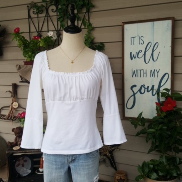 Wet Seal Tops - WET SEAL ♡ Vintage White 3/4 Slit Bell Sleeves Square Neckline Babydoll Top L